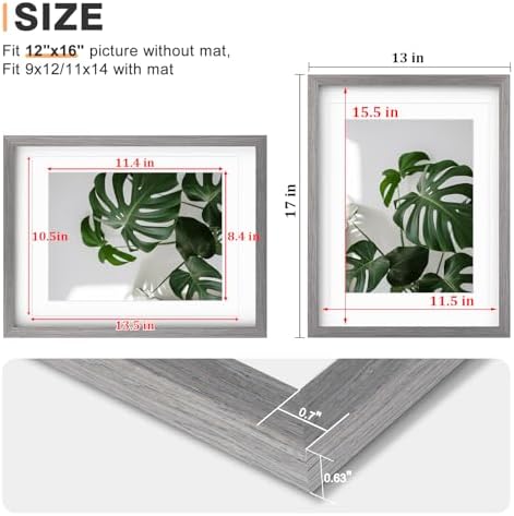 Egofine 12x16 Picture Frames Set of 4, Made of Solid Wood Covered by Plexiglass 9x12 and 11x14 with Mat or 12x16 without Mat, for Wall Mounting Photo Frame Light Grey - Image 3