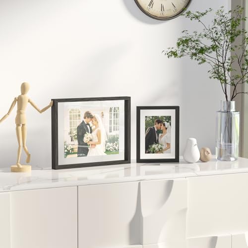 Egofine 8x10 Floating Frames Set of 2, Double Plexiglass Picture Frame, Made of Solid Wood Display Any Size Photo up to 8x10, Wall Mount or Tabletop Standing, Black with Texture - Image 2