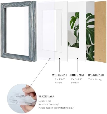 Egofine 4x6 Picture Frames Set of 4, Made of Solid Wood Covered by Plexiglass 3x4.5 and 3.5x5 with Mat or 4x6 without Mat, for Table Top Display and Wall Mounting Photo Frame, Rustic Blue - Image 4