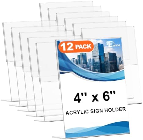 EHWINE 12 Pack 4 x 6 Acrylic Sign Holder, Clear Plastic Signs Display Stand, Vertical Slanted Back Paper Holder Stand up Table Top Sign Holders Flyer Stand Frames Suitable for Office Business Store by EHWINE
