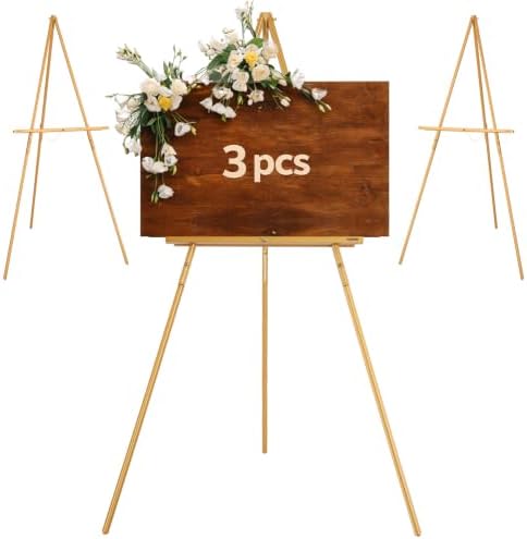 VISWIN 3Pcs 63" Gold Easel Stand for Wedding Signs, Adjustable Wooden Display Easel with Holder, Tripod Floor Easel for Welcome Board, Poster, Picture, Photos, Paintings by VISWIN