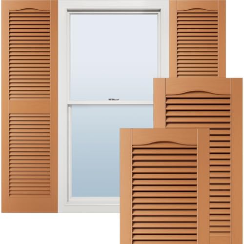 12"W x 64"H Lifetime Vinyl, Standard Cathedral Top Center Mullion, Open Louver Shutters, w/Installation Shutter-Lok's & Matching Screws (Per Pair), Treated Cedar by EkenaMillwork