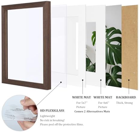 Egofine 8x10 Picture Frames Set of 4, Made of Solid Wood Covered by Plexiglass 4x6 and 5x7 with Mat or 8x10 without Mat, for Table Top Display and Wall Mounting Photo Frame Brown - Image 4