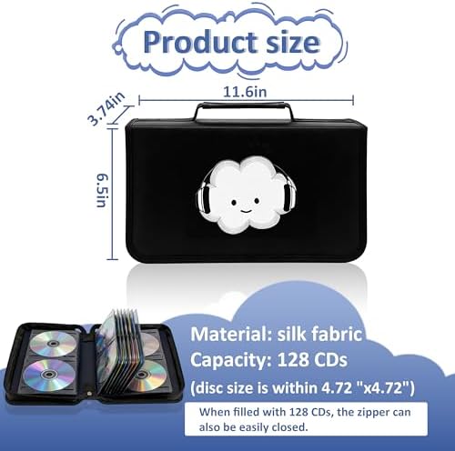 DVD Case CD Storage,128 Capacity Cute Cloud Music CD Cases Holder DVD Storage Case Holders CD DVD Disc Case Storage Wallet Binder for Car Home Office Travel (128 Cloud Black) - Image 2