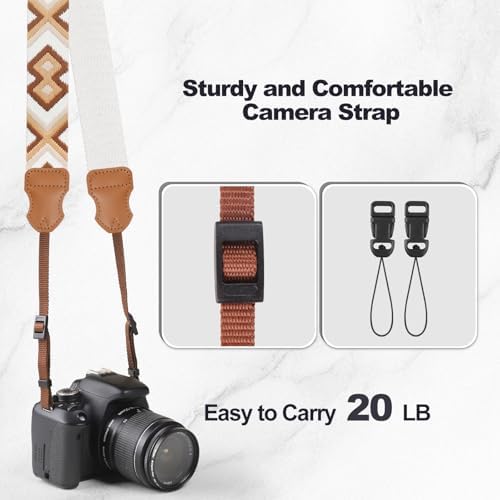 Universal Camera Strap - Camera Neck Strap, Adjustable Shoulder Straps Compatible with Canon, Fujifilm, Nikon, Olympus, Panasonic and other SLR and mirrorless cameras - Brown Beige White Weave - Image 6