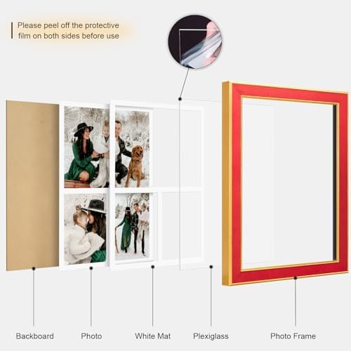Suede P538-1116 11x16 Picture Frame Display 3 Opening One 8x10 Picture Frames and 5x7 Double Picture Frames Collage Wall Decor with Mat,Multi Photo Frame for Plexiglass,Wall Decor,1Pack,Red - Image 2