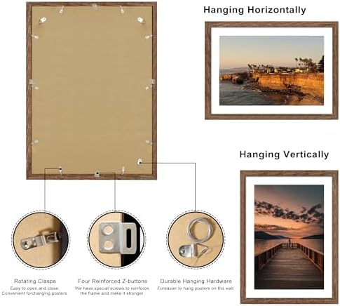 20x28 Poster Frame Set of 2, 20 x 28 Wood Picture Frames with Mat for 16x24, Wooden Photo Frame with Tempered Glass Cover for Wall Mounting Display, Rustic Brown - Image 4