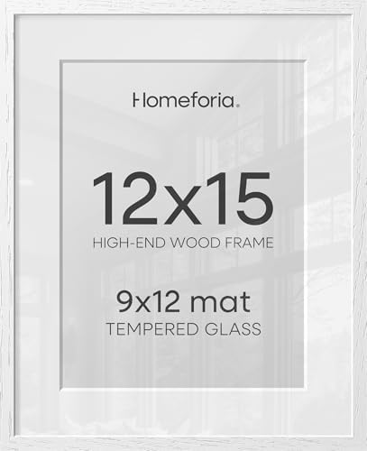 Homeforia 12x15 White Oak Picture Frame, High-End Wood, 9x12 Mat, Glass by Homeforia