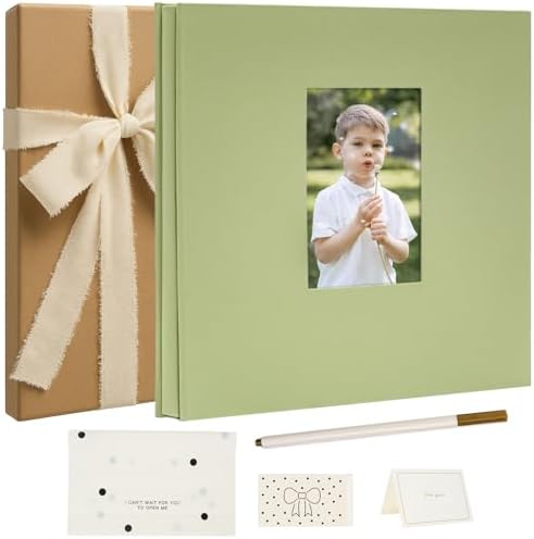 Vienrose Self Adhesive Photo Album Gift Set, Linen Cover Scrapbook with DIY Window, Holds 4x6 5x7 8x10 Photos, 30 Sheets 60 Pages for Family Wedding Baby, Includes Pen, Card, Lace Strap, Green by Vienrose