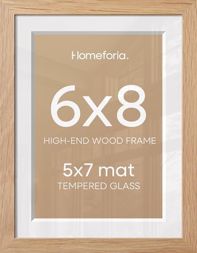 Homeforia 6x8 Natural Oak Picture Frame, High-End Wood, 5x7 Mat, Glass by Homeforia