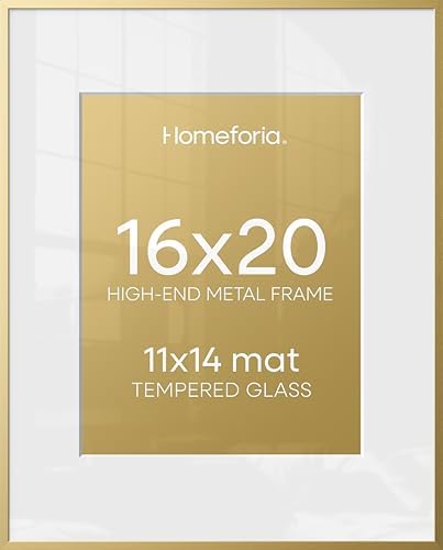 Homeforia 16x20 Gold Picture Frame, High-End Metal, 11x14 Mat, Glass by Homeforia