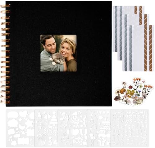 Vienrose 8x8 Inch Scrapbook DIY Small Hardcover Kraft White Pages Scrapbook Photo Album Linen Cover Scrap Book Photo Albums Scrapbooking Supplies Kit for Couple Family Wedding Travel Black by Vienrose