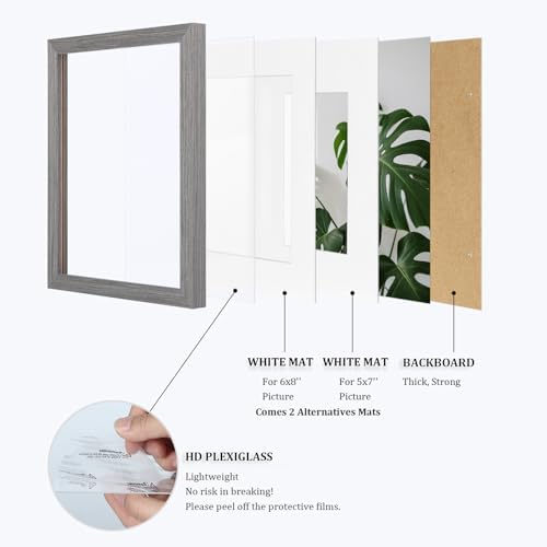 Egofine 9x12 Picture Frames Set of 4, Made of Solid Wood Covered by Plexiglass 5x7 and 6x8 with Mat or 9x12 without Mat, for Table Top Display and Wall Mounting Photo Frame Light Grey - Image 4