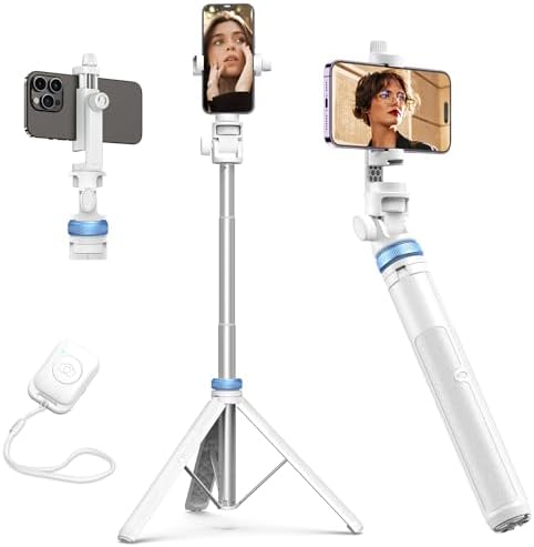 Kaiess 62" Phone Tripod & Selfie Stick, Extendable Photography Light Stand with Wireless Remote, Solidest, Portable, Lightweight, Compatible with iPhone/Android Phone (White) by Kaiess