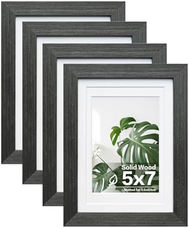 Egofine 5x7 Picture Frames Set of 4, Made of Solid Wood Covered by Plexiglass 3.5x5 and 4x6 with Mat or 5x7 without Mat, for Table Top Display and Wall Mounting Photo Frame Rustic Black by Egofine