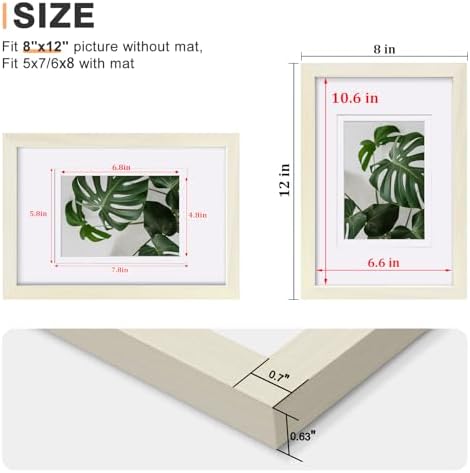Egofine 8x12 Picture Frames Set of 4, Made of Solid Wood Covered by Plexiglass 5x7 and 6x8 with Mat or 8x12 without Mat, for Table Top Display and Wall Mounting Photo Frame Beige - Image 3