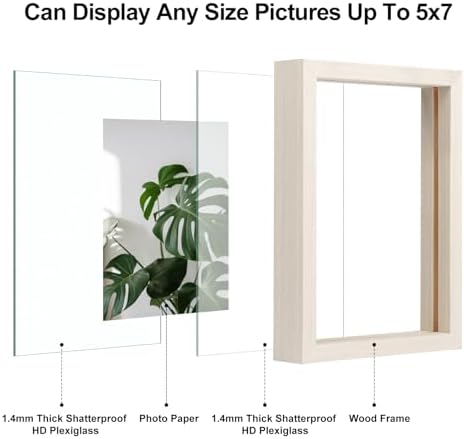 Egofine 5x7 Floating Frames Set of 2, Double Plexiglass Picture Frame, Made of Solid Wood Display Any Size Photo up to 5x7, Wall Mount or Tabletop Standing, Beige - Image 3