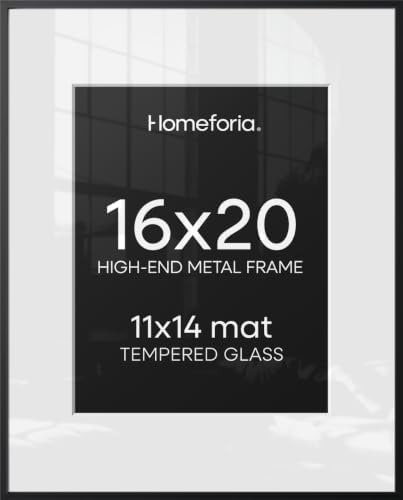 Homeforia 16x20 Black Picture Frame, High-End Metal, 11x14 Mat, Glass by Homeforia