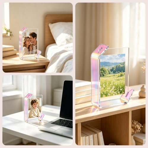 3.5x5inch L Shaped Acrylic Picture Frame, 2 Pack Double Sided Floating Photo Stand for Tabletop, Horizontal Vertical Display Holder Home Office Decor Family Wedding Anniversary, Iridescent - Image 7