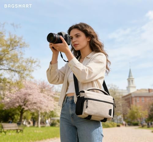 BAGSMART Camera Sling Bag with Tripod Holder & Rain Cover, Ivory White - Image 2