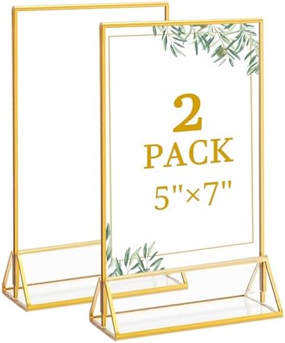Floroom 2 Pack 5x7 Inch Clear Acrylic Sign Holders, Double-Sided Gold Display Stand Picture Frames for Table Numbers, Menus, Flyers, Weddings, and Offices by Floroom