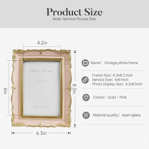 Cuspin 4x6 Cute Picture Frame Pink and Gold Vintage Ornate Resin Frame - Image 5