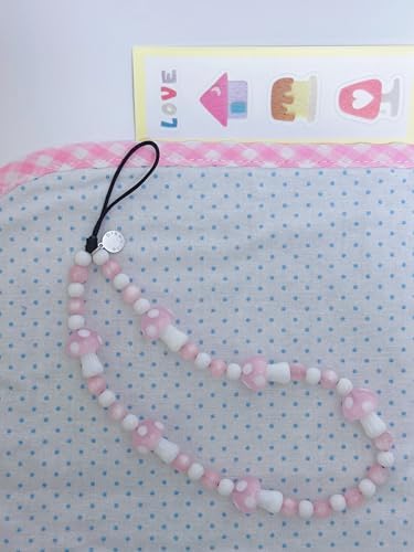 Drawwind Phone Charm Beaded Wristlet Strap Universal Cell Phone Lanyard Cute Bracelet Wrist Strap Beaded Chain String Handmade Accessories for Case Camera Bags (Pink Mushroom) - Image 2