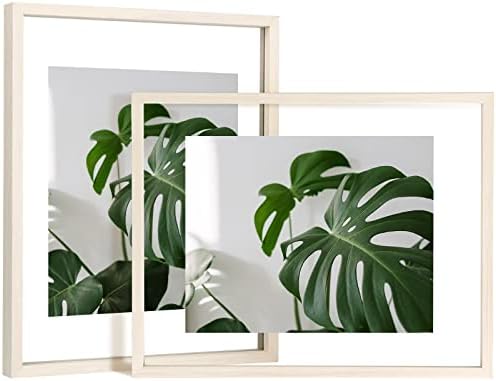 Egofine 11x14 Floating Frames Set of 2, Double Plexiglass Picture Frame, Made of Solid Wood Display Any Size Photo up to 11x14, Wall Mount or Tabletop Standing, Beige by Egofine