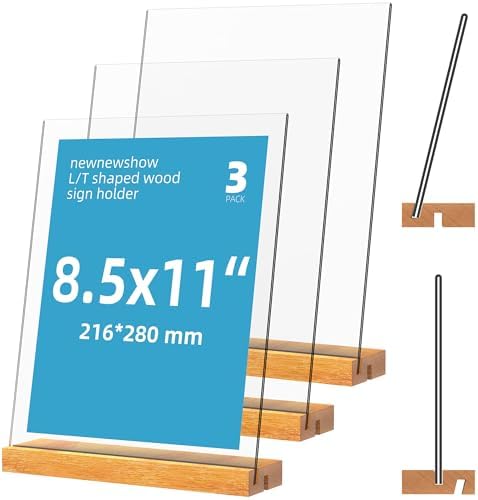 newnewshow 8.5"x11" Acrylic Sign Holder with Wood Base Wood Sign Holder Vertical or Slant Back Display for Store Office Wedding (3pack) by NEWNEWSHOW
