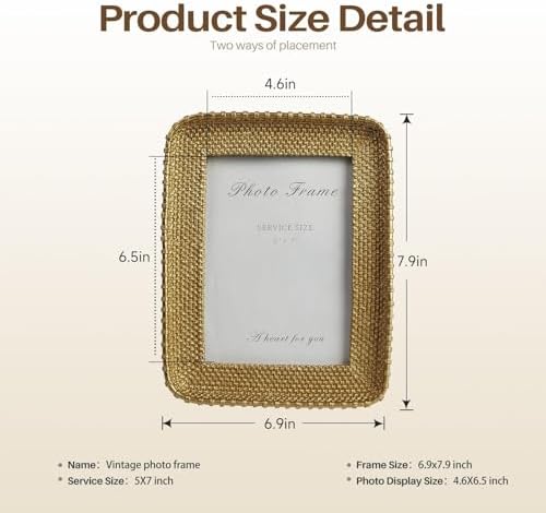 Cuspin Vintage Gold 5x7 Picture Frame, Gold Metal Rattan Textured Hand-Crafted Photo Frame with Glass Front Antique Picture Frame for Tabletop Display & Wall Display, Retro Design Home Decor - Image 3