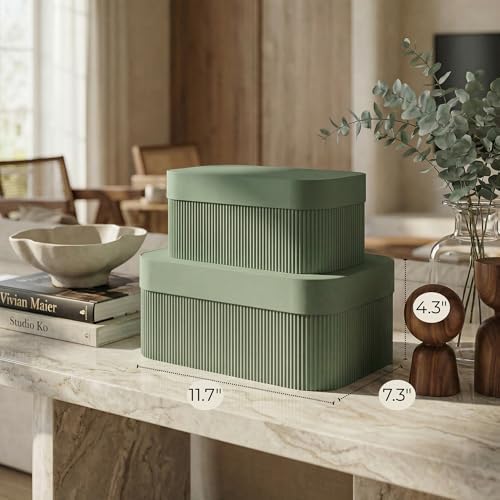 Decorative Storage Boxes with Lids - Set of 2 Fluted Photo Organizer Bins - Image 3