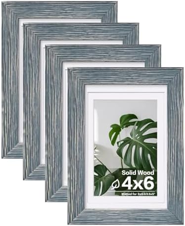 Egofine 4x6 Picture Frames Set of 4, Made of Solid Wood Covered by Plexiglass 3x4.5 and 3.5x5 with Mat or 4x6 without Mat, for Table Top Display and Wall Mounting Photo Frame, Rustic Blue by Egofine