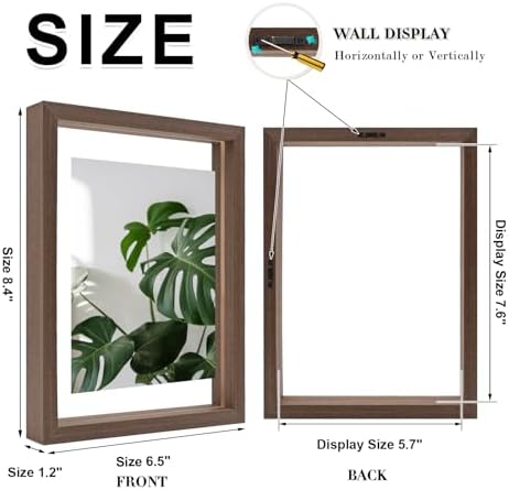 Egofine 6x8 Floating Frames Set of 2, Double Plexiglass Picture Frame, Made of Solid Wood Display Any Size Photo up to 6x8, Wall Mount or Tabletop Standing, Brown - Image 2