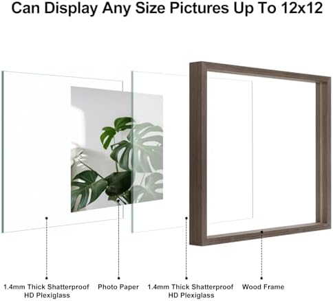 Egofine 12x12 Floating Frames Set of 2, Double Plexiglass Picture Frame, Made of Solid Wood Display Any Size Photo up to 12x12, Wall Mount or Tabletop Standing,Brown - Image 3
