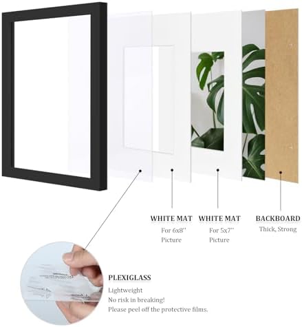 Egofine A4 Picture Frames Set of 4, Made of Solid Wood Covered by Plexiglass 5x7 and 6x8 with Mat or A4 whitout Mat, for Table Top Display and Wall Mounting Photo Frame Black - Image 4