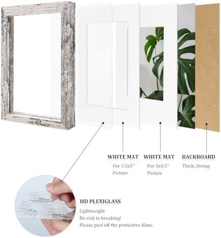 Egofine 4x6 Picture Frames Set of 4, Made of Solid Wood Covered by Plexiglass 3x4.5 and 3.5x5 with Mat or 4x6 without Mat, for Table Top Display and Wall Mounting Photo Frame Rustic White - Image 4