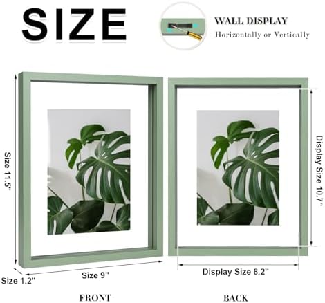Egofine 8.5x11 Floating Frames Set of 2, Double Plexiglass Picture Frame, Made of Solid Wood Display Any Size Photo up to 8.5x11, Wall Mount or Tabletop Standing, Green - Image 2