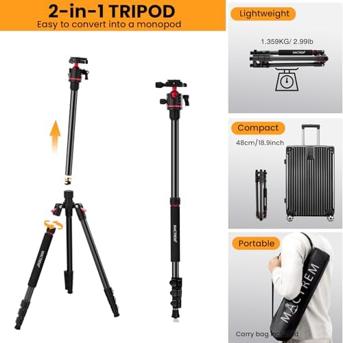 MACTREM Heavy Duty Aluminum Camera Tripod 67" Travel Monopod 360° Ball Head - Image 5