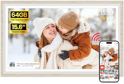 64GB Frameo 15.6" Digital Picture Frame Large 1920 x 1080 IPS FHD Touch Screen WiFi Electronic Photo Frames Share Moments Instantly Anywhere Best Gifts for Parents and Grandparents White Wood by BIGASUO