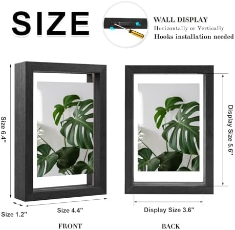 Egofine 4x6 Floating Frames Set of 2, Double Plexiglass Picture Frame, Made of Solid Wood Display Any Size Photo up to 4x6, Wall Mount or Tabletop Standing, Faded Black - Image 2