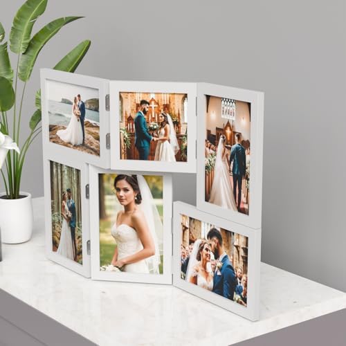 WARM&LOVE 6 Picture Frame, 4x6 & 4x4 Six Folding Hinged Photo Frames, Rustic Wood Desk Family Photo Collage Stand Vertical on Tabletop for Birthday Family Lover Gift (White) - Image 6