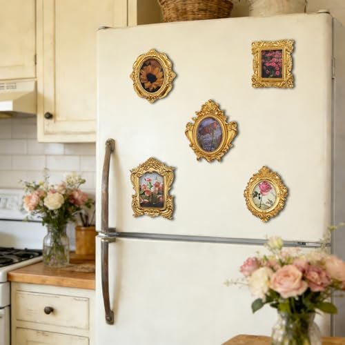 Mini Gold Magnetic Picture Frames for Refrigerator, 5 Small Vintage Photo Frames with Soft Magnet Backing, Victorian Style Decor for Kitchen Office Home - Image 6