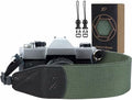 Padwa Lifestyle Dark Green Camera Strap - 2" Wide Cotton Woven Genuine Leather Head Camera Straps,Complimentary 2 Pcs Quick Release Clips for All DSLR/SLR Cameras, Binoculars and Drone Remote Control by PadwaLifestyleCameraStrap
