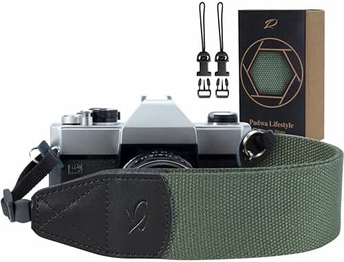 Padwa Lifestyle Dark Green Camera Strap - 2" Wide Cotton Woven Genuine Leather Head Camera Straps,Complimentary 2 Pcs Quick Release Clips for All DSLR/SLR Cameras, Binoculars and Drone Remote Control by PadwaLifestyleCameraStrap