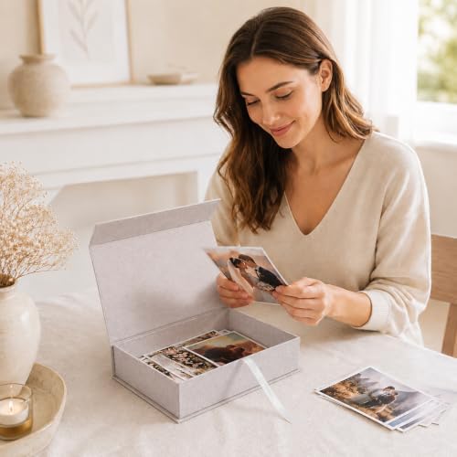 8x10 Photo Storage Box with Lid, Photo Cases and Postcard Keeper Storage, Stackable Linen Memory Organizer for Photos, Documents, Certificates, Jewelry, Scrapbooking Supplies, Beige - Image 7