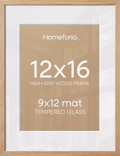 Homeforia 12x16 Natural Oak Picture Frame, High-End Wood, 9x12 Mat, Glass by Homeforia