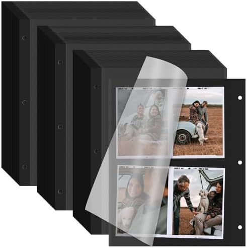 VOKOY 60 Sheets/120 Pages Photo Album Pages for 3 Ring Binder, Black Self Adhesive Scrapbooking Album Refill Pages Replacement Photo Album Sheets for 2x3 4x6 5x7 8x10 Photo or Cards, 11 x 9 Inch by VOKOY