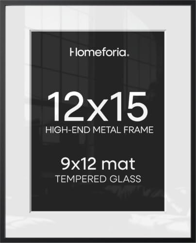 Homeforia 12x15 Black Picture Frame, High-End Metal, 9x12 Mat, Glass by Homeforia