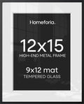 Homeforia 12x15 Black Picture Frame, High-End Metal, 9x12 Mat, Glass by Homeforia