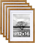 Egofine 12x16 Picture Frames Set of 4, Made of Solid Wood Covered by Plexiglass 9x12 and 11x14 with Mat or 12x16 without Mat, for Wall Mounting Photo Frame, Teak Wood by Egofine